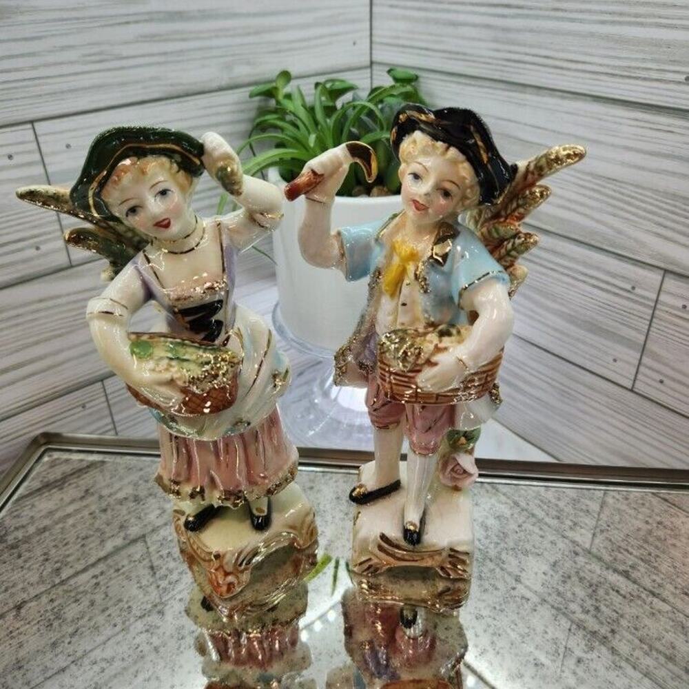 Vintage Glazed Porcelain Boy and girl with basket